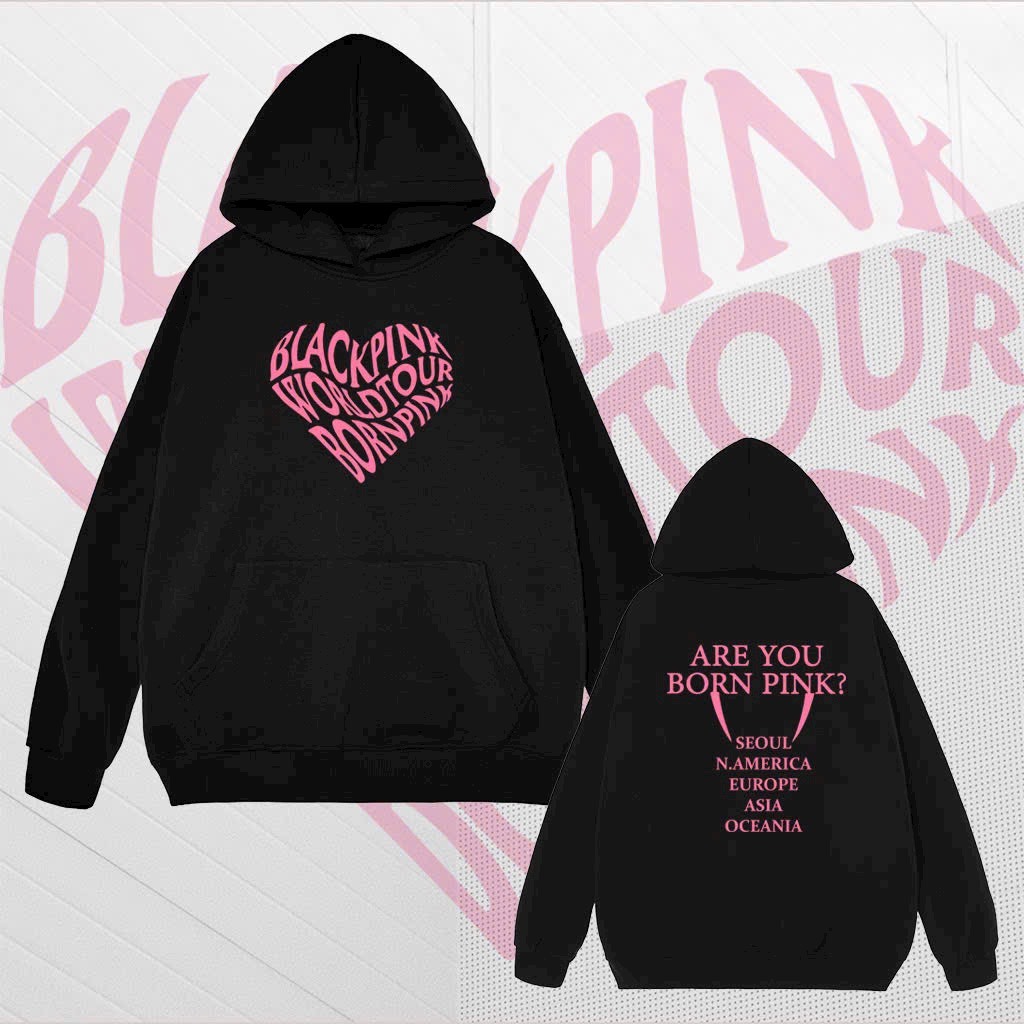 Áo hoodie BORN PINK BLACKPINK chất nỉ dày dặn in hình trái tím dáng thụng có nón 2 lớp dễ thương thời trang teen