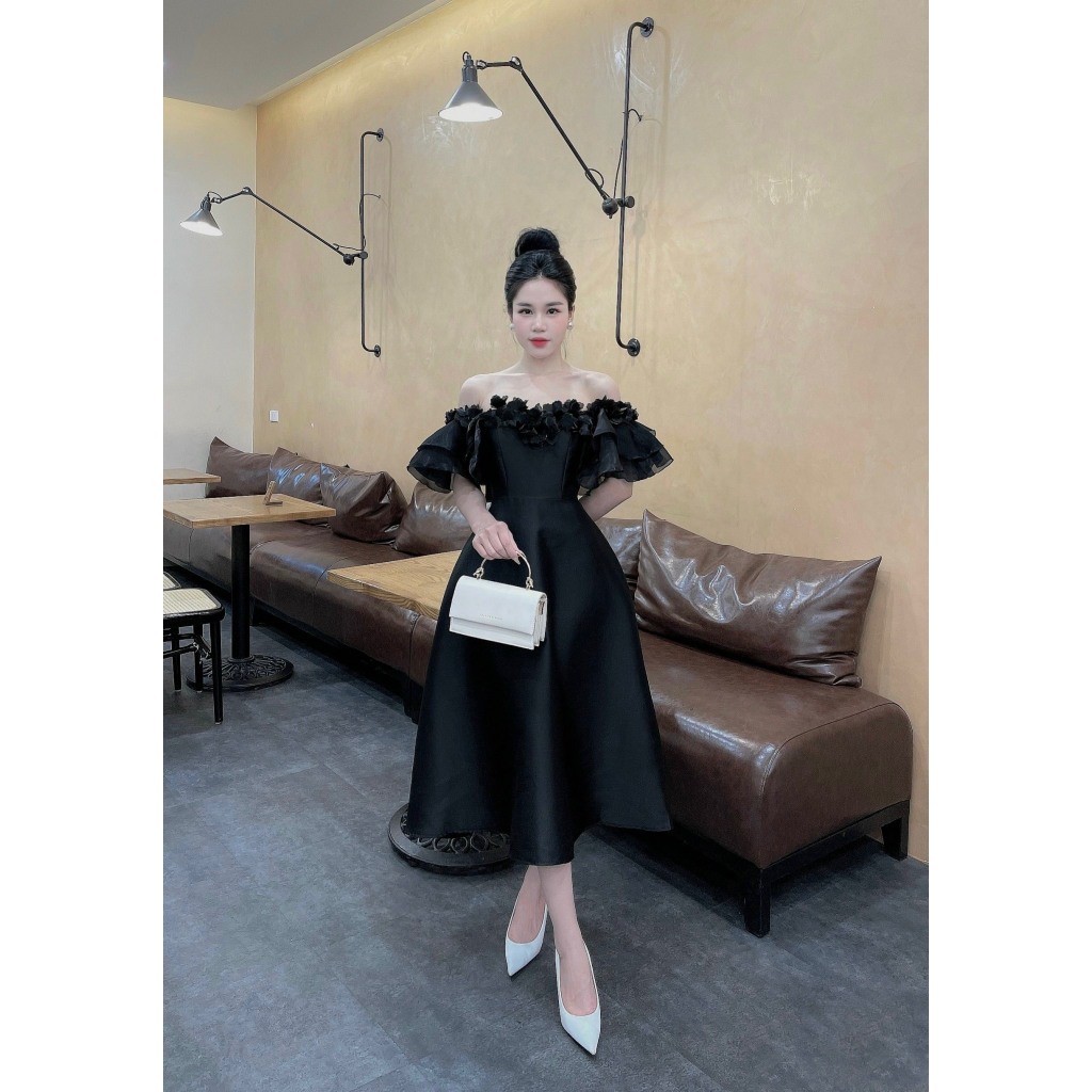 Mã V201 váy tafta trễ vai phối voan