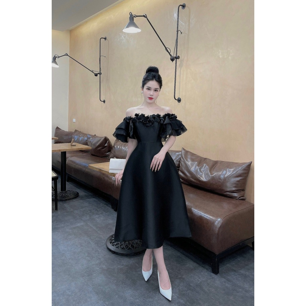 Mã V201 váy tafta trễ vai phối voan