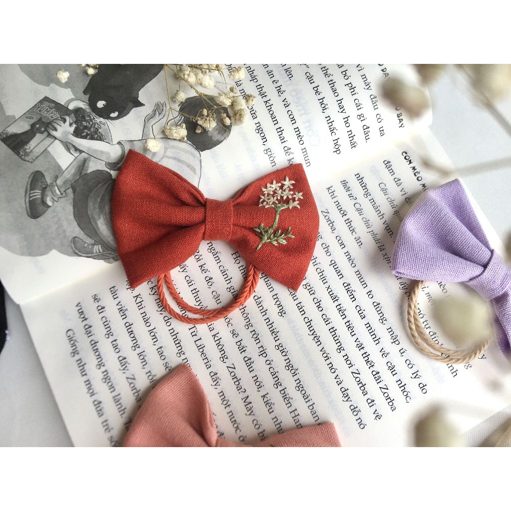 Nơ cột tóc thêu tay, nơ cài tóc thêu tay dễ thương
