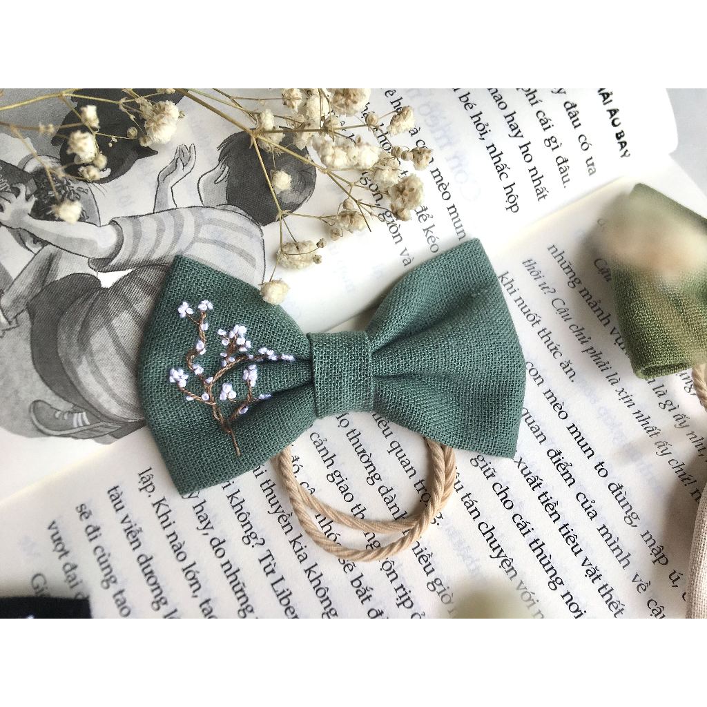 Nơ cột tóc thêu tay, nơ cài tóc thêu tay dễ thương