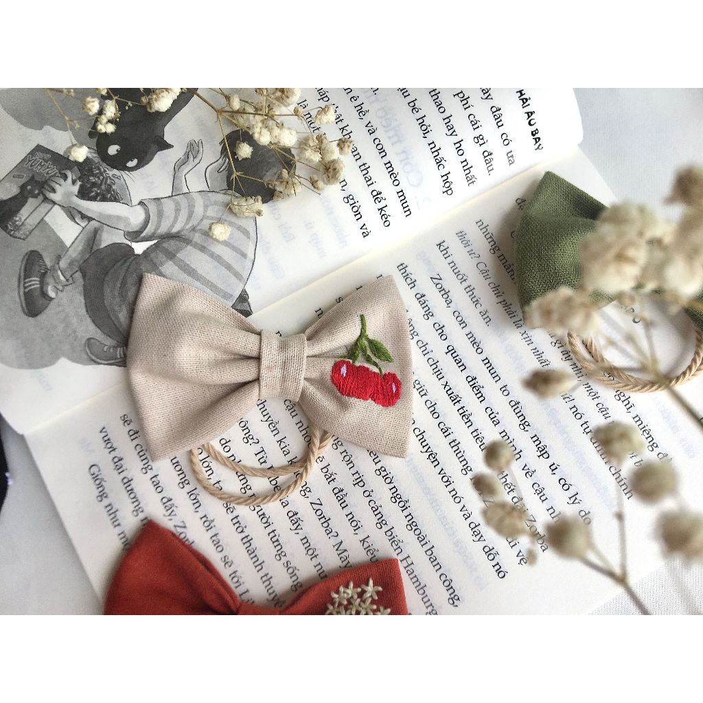 Nơ cột tóc thêu tay, nơ cài tóc thêu tay dễ thương