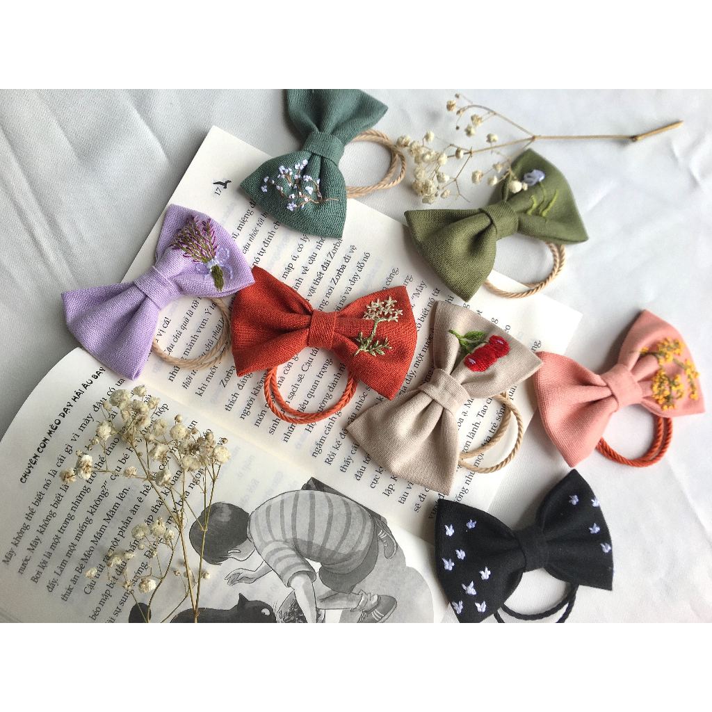 Nơ cột tóc thêu tay, nơ cài tóc thêu tay dễ thương