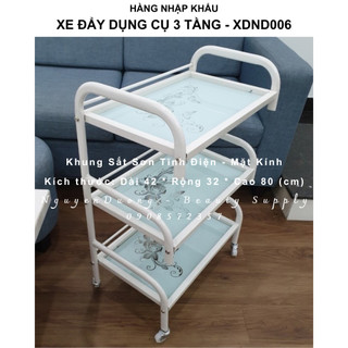 Xe Đẩy 3 Tầng Mặt Kính Hoa Văn Dùng Trong Spa, Phun Xăm Thẩm Mỹ - XDND006