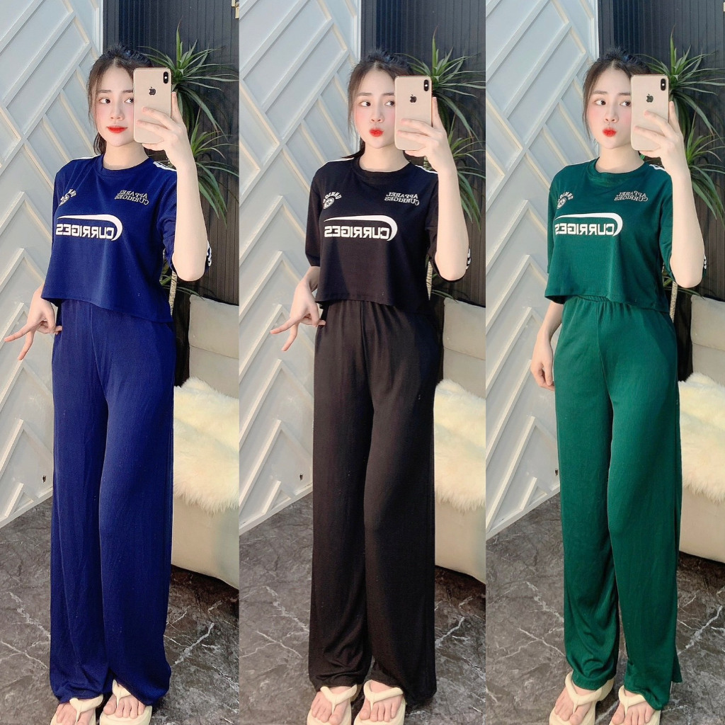 Đồ bộ thun gân quần dài ống rộng (đồ bộ nữ, đồ mặc nhà nữ, đồ ngủ nữ, set đồ bộ nữ,đồ bộ thun gân nữ