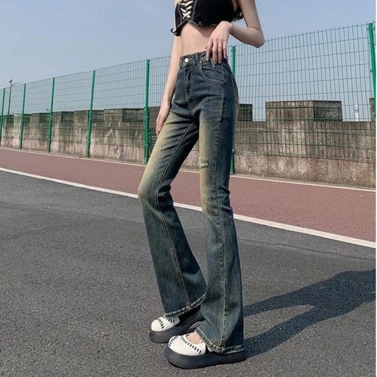 Quần jean ống loe rách , Quần bò loe rách đùi lưng cao phong cách girl phố 2023 S01