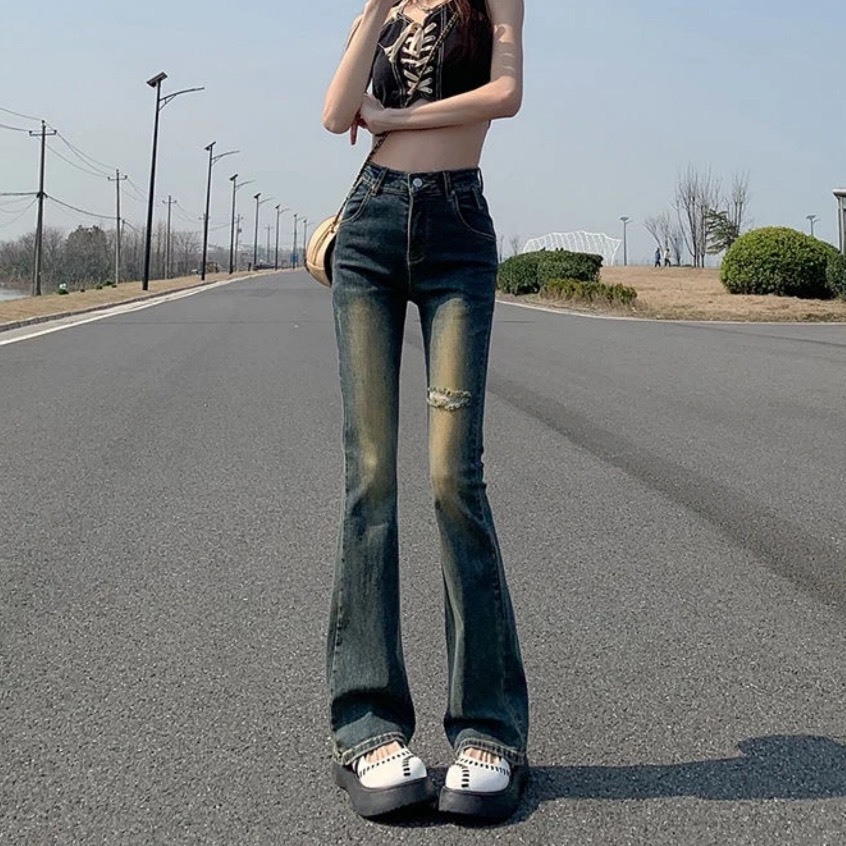 Quần jean ống loe rách , Quần bò loe rách đùi lưng cao phong cách girl phố 2023 S01