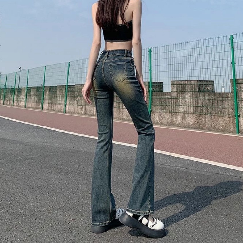 Quần jean ống loe rách , Quần bò loe rách đùi lưng cao phong cách girl phố 2023 S01