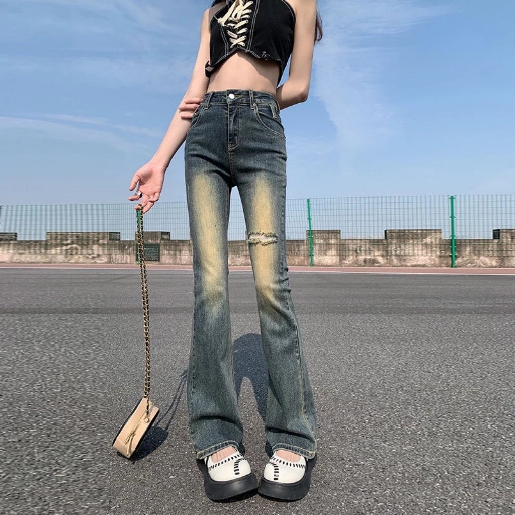Quần jean ống loe rách , Quần bò loe rách đùi lưng cao phong cách girl phố 2023 S01