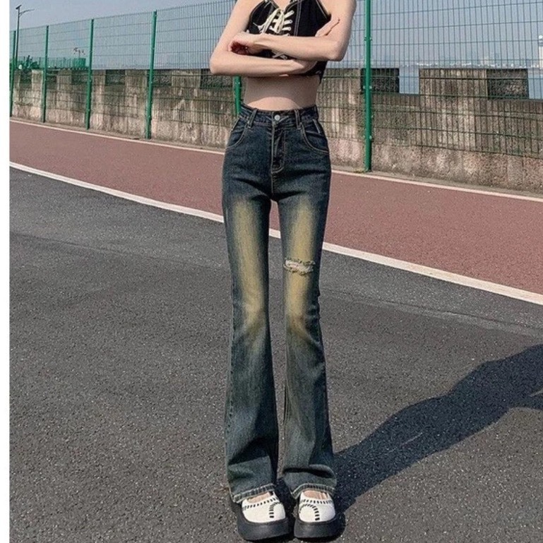 Quần jean ống loe rách , Quần bò loe rách đùi lưng cao phong cách girl phố 2023 S01