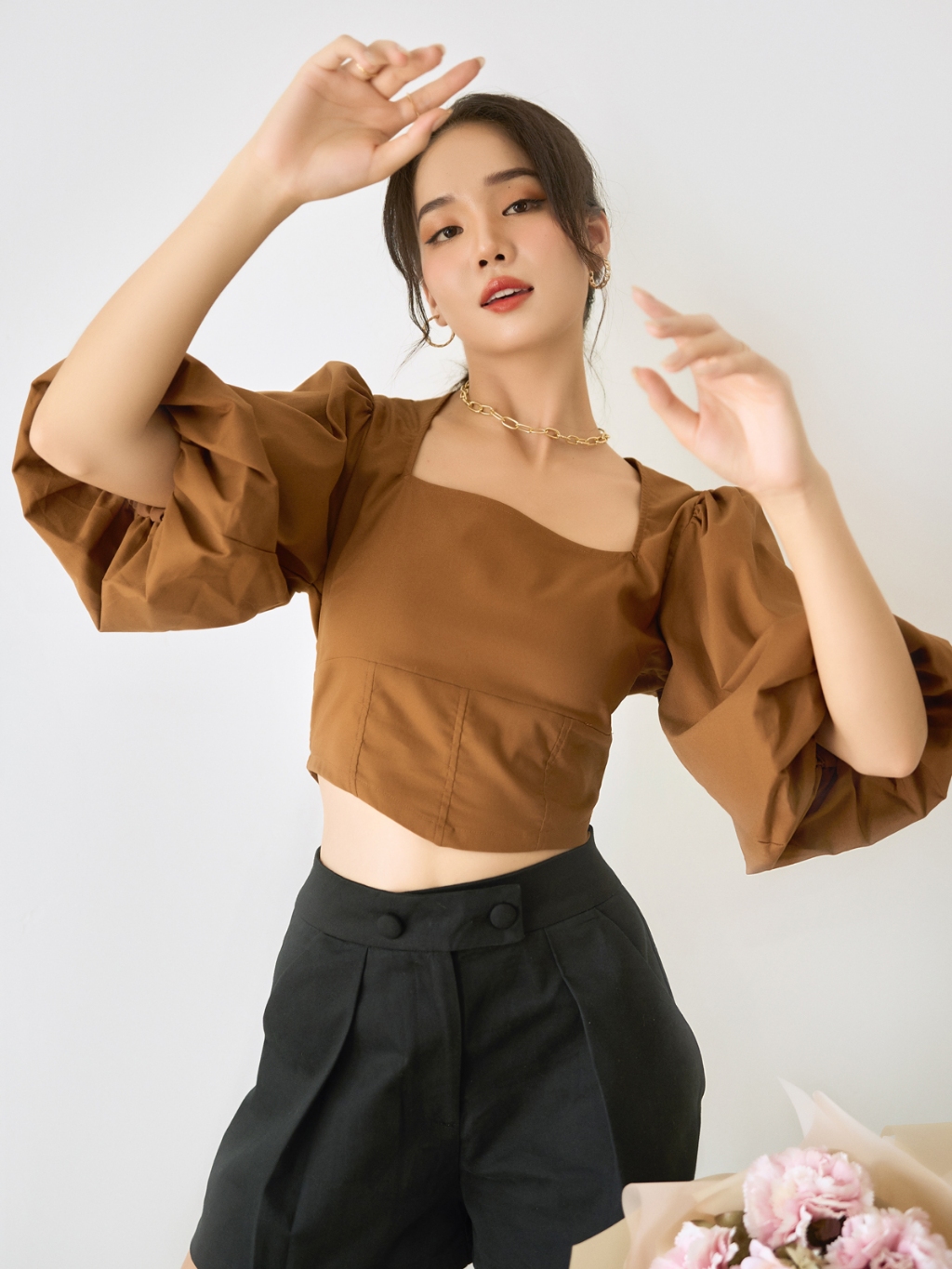 Áo Nữ Kiểu Croptop Tay Ngắn Phồng GILLEE Thiết Kế Sang Trọng