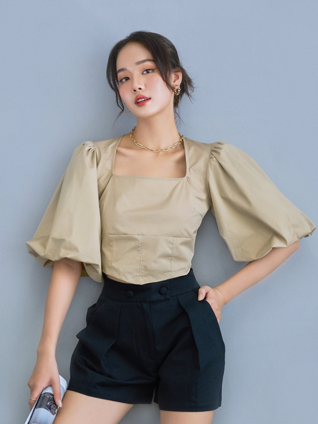 Áo Nữ Kiểu Croptop Tay Ngắn Phồng GILLEE Thiết Kế Sang Trọng