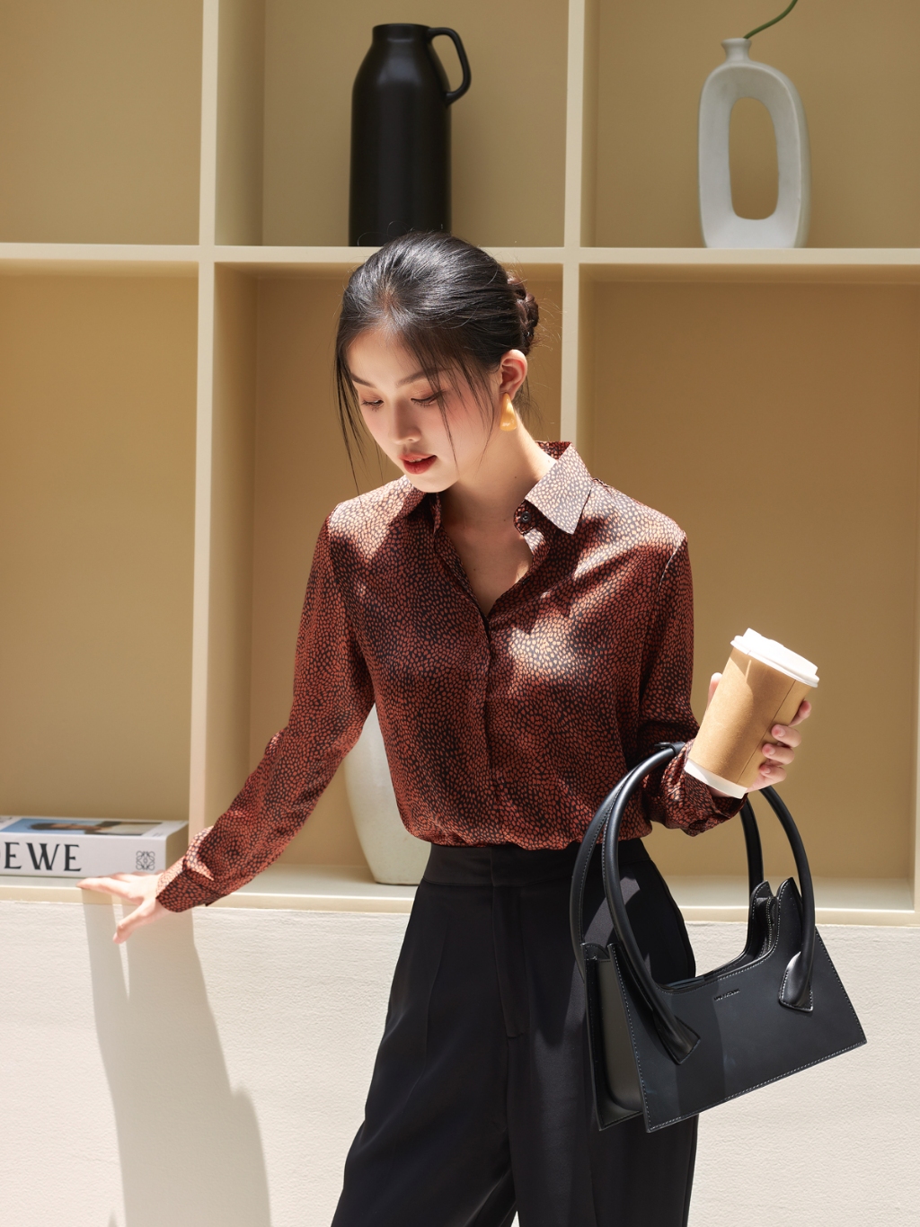 Áo Sơ Mi Nữ Họa Tiết GILLEE Lụa Bóng Tay Dài FAS255