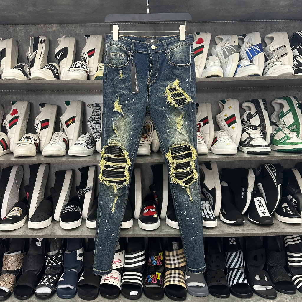 Quần Jean Amiri 4 Cúc Like Au Màu Xanh Rêu Tua Vàng Lót Da,Quần bò Amiri vá da nhăn cứng 4 khuy chất Boy phố