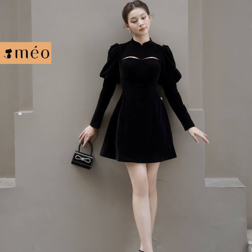 Váy liền nữ Méo shop vải nhung tay bồng khoét ngực chiết eo cách điệu Synta