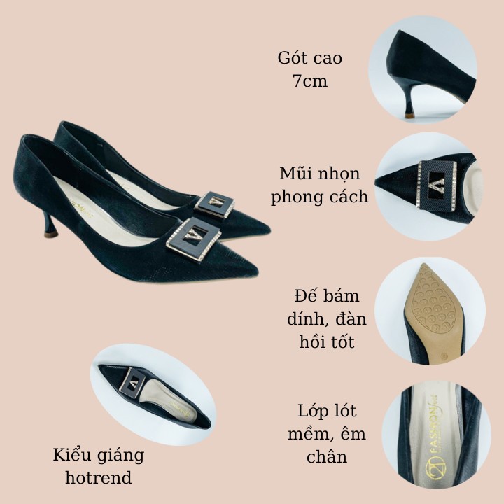 Giày Cao Gót Da Nhung Lì, Chính Hãng 2Tfashion Feet, Mũi Nhọn Đính Tag Đá Sang Trọng,Thanh Lịch,Gót 5 Phân- HCG005