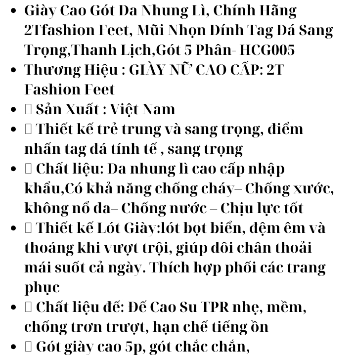 Giày Cao Gót Da Nhung Lì, Chính Hãng 2Tfashion Feet, Mũi Nhọn Đính Tag Đá Sang Trọng,Thanh Lịch,Gót 5 Phân- HCG005