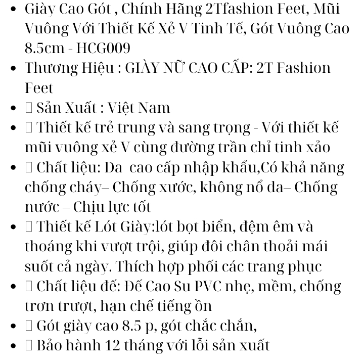 Giày Cao Gót , Chính Hãng 2Tfashion Feet, Mũi Vuông Với Thiết Kế Xẻ V Tinh Tế, Gót Vuông Cao 8.5cm - HCG009