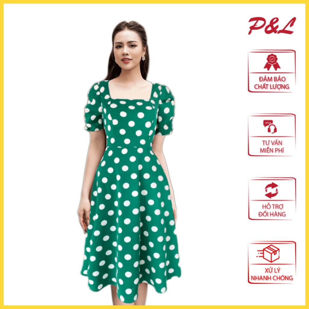 Váy Đầm Xòe Maxi Công Sở Đi Biển Cổ Vuông Chấm Bi PL40