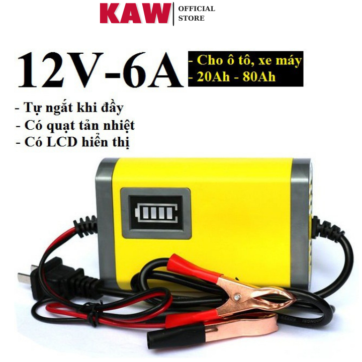 Bộ Sạc Bình Ắc Quy Xe Máy, Ô Tô Thông Minh KAW 12V 6A Tự Động Ngắt, Bảo Hành 1 Đổi 1