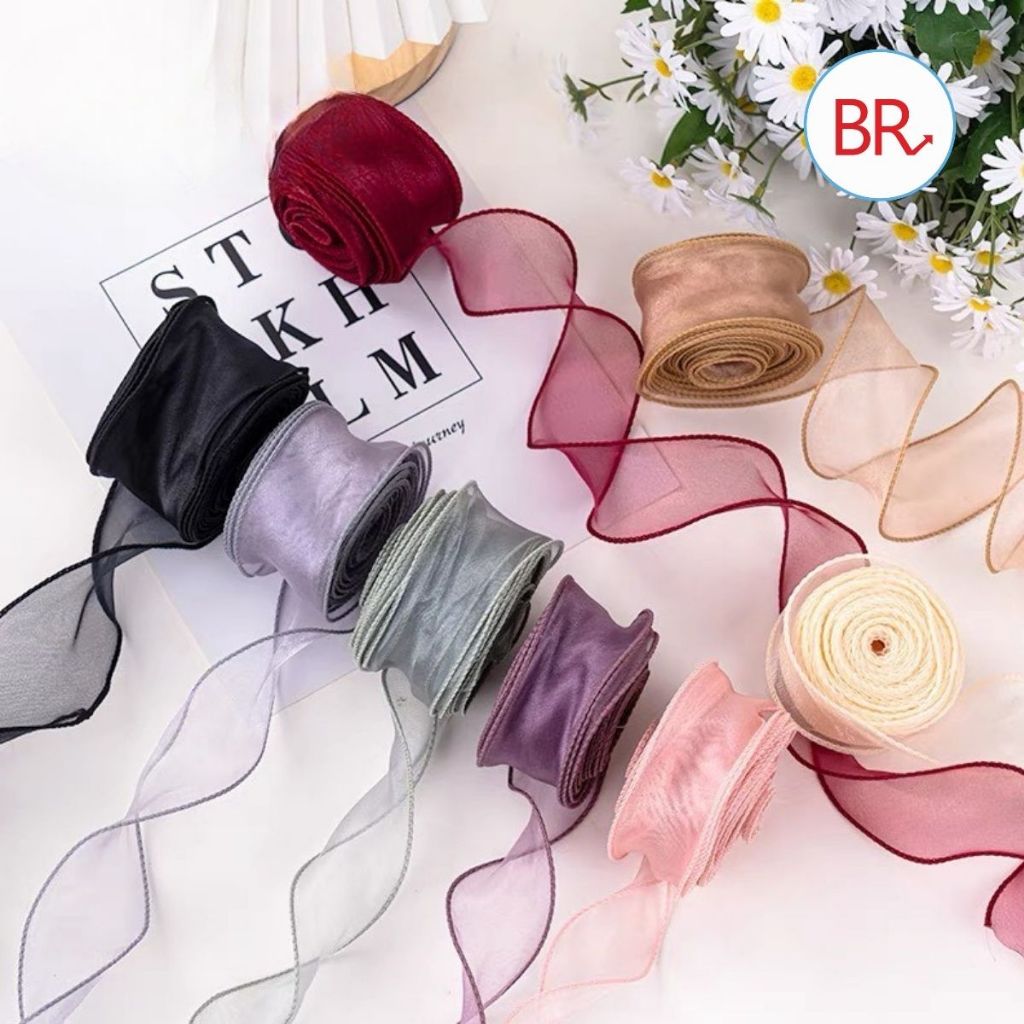 Cuộn ruy băng voan bèo bản 4cm làm nơ trang trí hoa. Dây ruy băng ren lụa gói quà, phụ kiện làm hoa handmade - br 02056