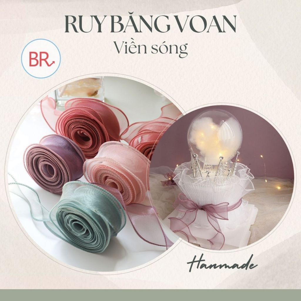 Cuộn ruy băng voan bèo bản 4cm làm nơ trang trí hoa. Dây ruy băng ren lụa gói quà, phụ kiện làm hoa handmade - br 02056