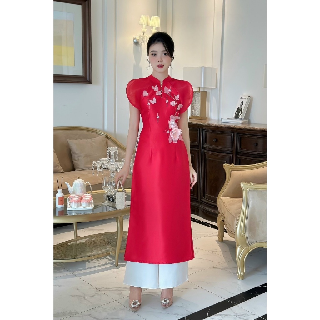 Áo dài cách tân chất Tafta cao cấp đính kết hoa nổi dày dặn- Áo dài Hiếu Hạnh