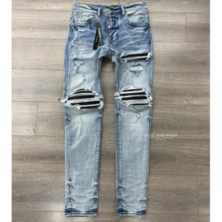 Quần AMIRI 4 Cúc Xanh Gối Vá Da Nhăn Quần Skinny Jean Amiri Nam Rách Gối Da Đen Trắng Đỏ Vá Họa Tiết Hot