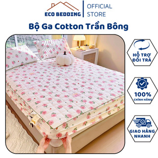 C06 Bộ ga gối trần bông vải cotton đũi đậu nành nhập khẩu,set 3 món ga gối trần bông cotton đũi bo chun bọc đệm