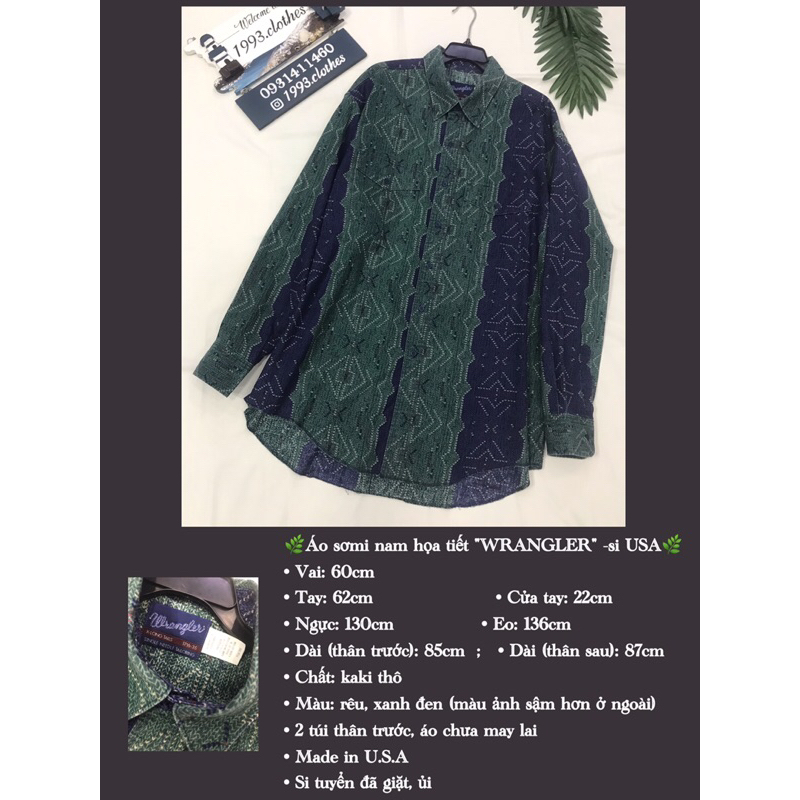 🌿Áo sơmi nam họa tiết "WRANGLER" - 2hand, si tuyển U.S.A🌿