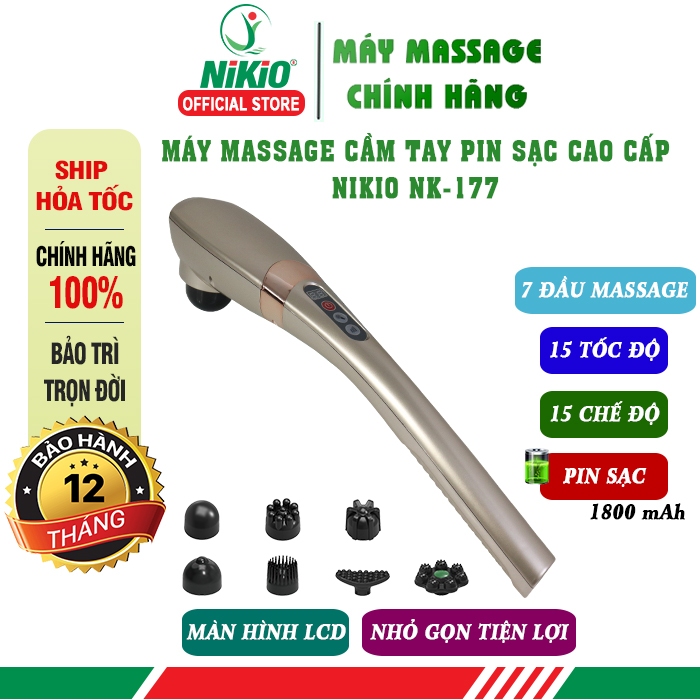 Máy massage cầm tay 7 đầu pin sạc Nikio NK-177 - Dòng cao cấp, 5 chế độ và 6 tốc độ mát xa