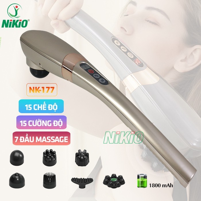 Máy massage cầm tay 7 đầu pin sạc Nikio NK-177 - Dòng cao cấp, 5 chế độ và 6 tốc độ mát xa