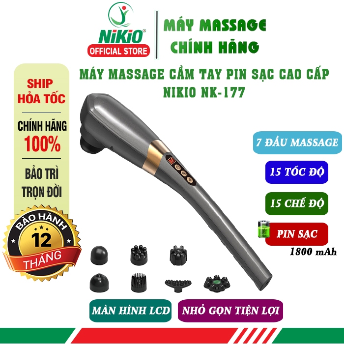 Máy massage cầm tay 7 đầu pin sạc Nikio NK-177 - Dòng cao cấp, 5 chế độ và 6 tốc độ mát xa