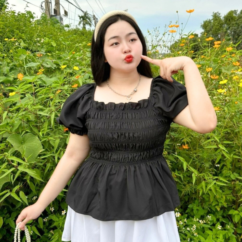 Áo Sơ Mi Bigsize Nữ tay phồng nhún bèo cách điệu chất vải lụa chéo mềm mại dành cho nàng chuppy 58-95kg-SM33