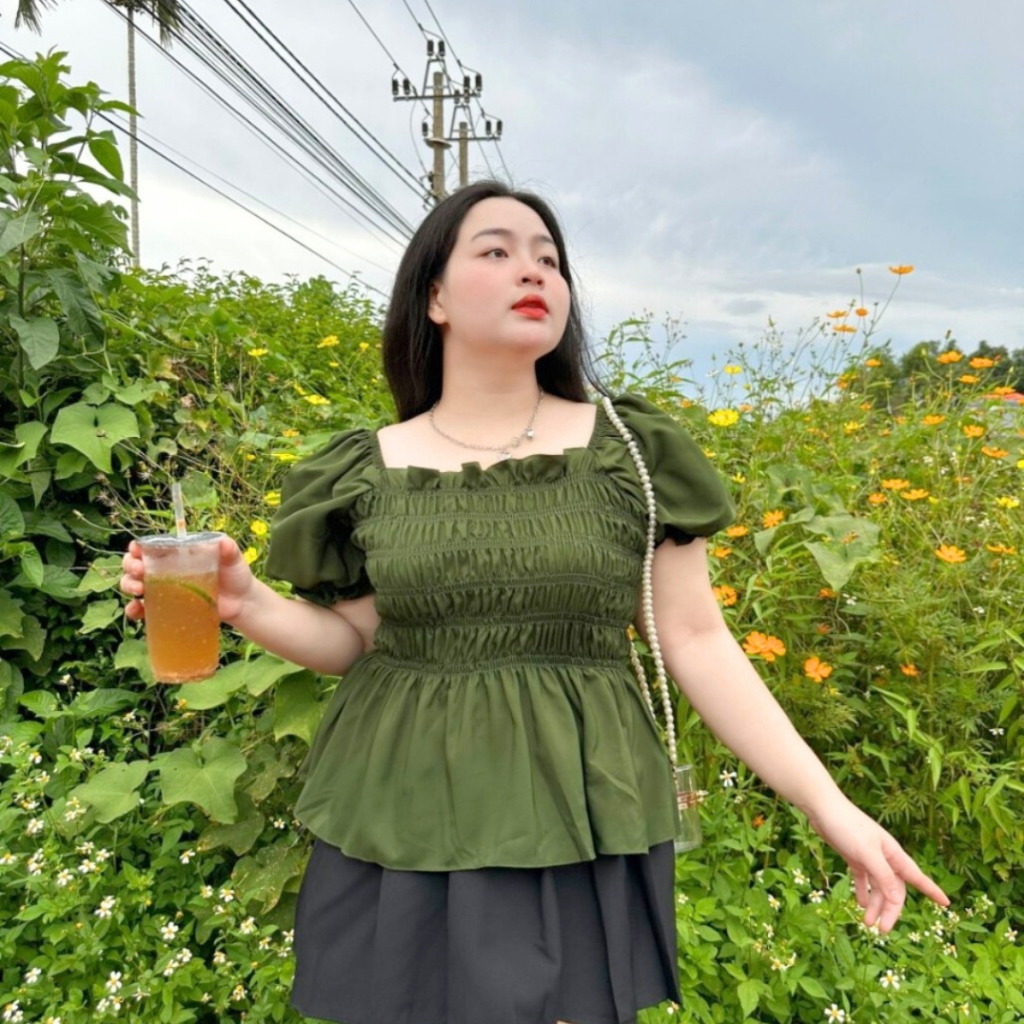 Áo Sơ Mi Bigsize Nữ tay phồng nhún bèo cách điệu chất vải lụa chéo mềm mại dành cho nàng chuppy 58-95kg-SM33