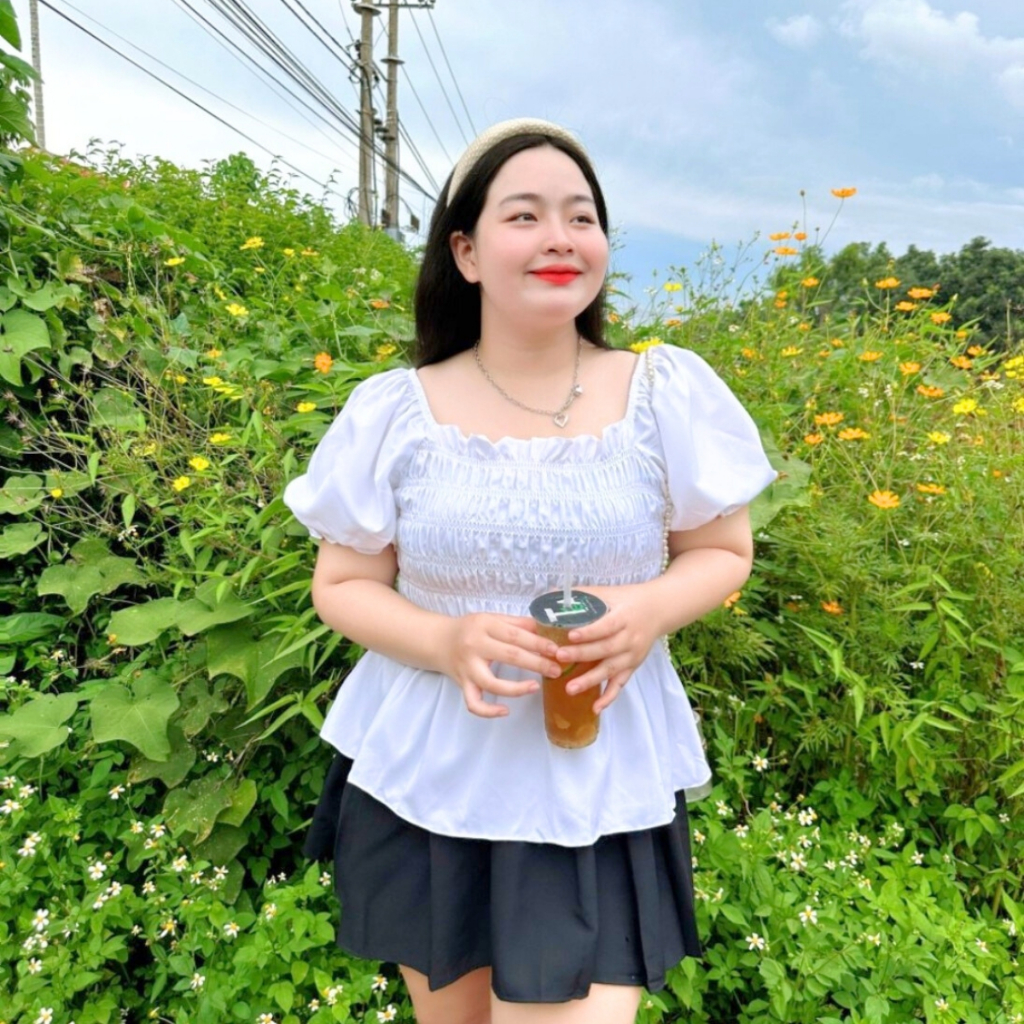 Áo Sơ Mi Bigsize Nữ tay phồng nhún bèo cách điệu chất vải lụa chéo mềm mại dành cho nàng chuppy 58-95kg-SM33