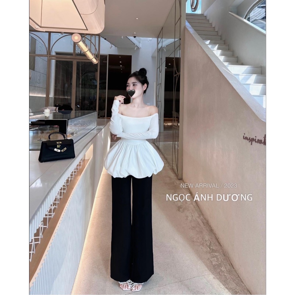 Áo len tăm co giãn ngang vai Tay dài gấu phối phồng quả bí, áo len tăm trễ vai ibuchuyensi 172 HT