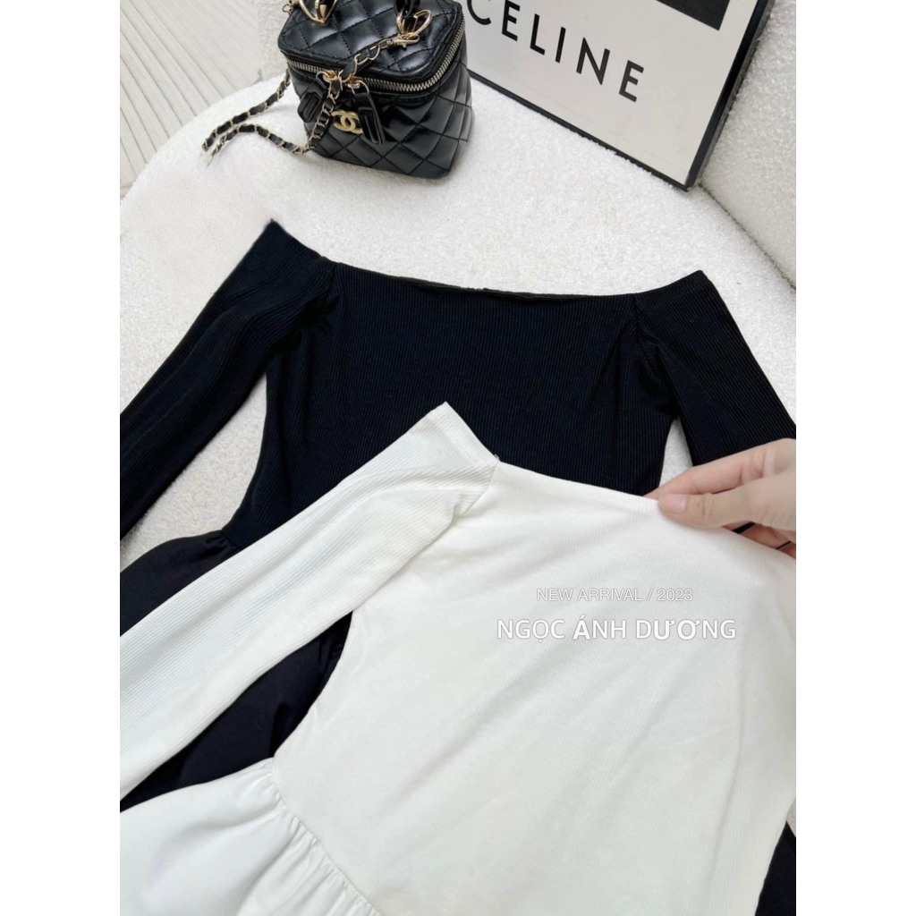 Áo len tăm co giãn ngang vai Tay dài gấu phối phồng quả bí, áo len tăm trễ vai ibuchuyensi 172 HT