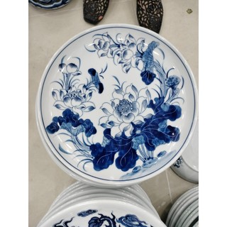 Mâm bồng - đĩa đựng hoa quả thờ cúng men lam xanh vẽ sen - gốm bát tràng