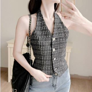 MYAN DESIGN Áo Cổ Yếm Nữ Chất Dạ Tweed Lấp Lánh Hở Lưng Sau Thiết Kế Form Gile Nữ Avn092311