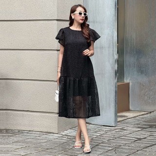 Đầm Katosa Lưới Tay Bèo, Đầm Phối Lưới Phom Rộng May 2 Lớp Chất Vải Ren Cotton