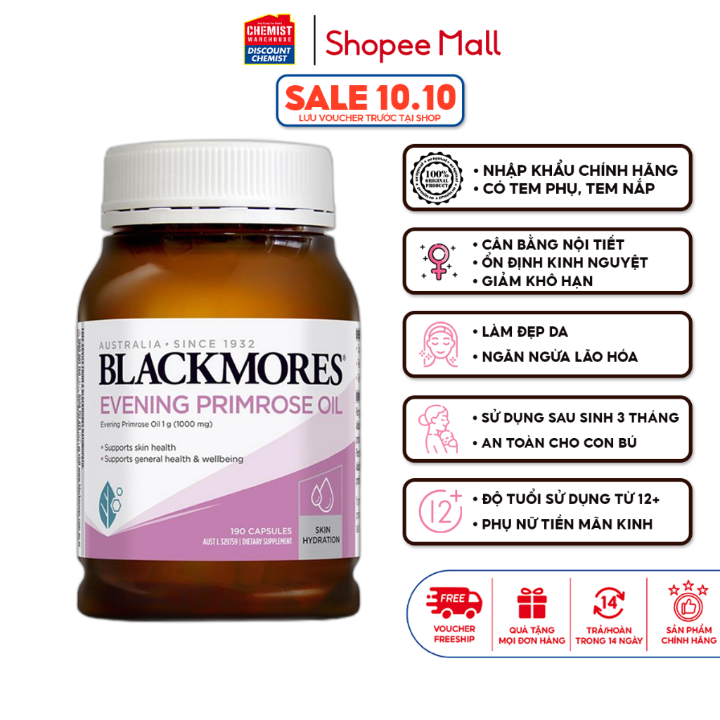 Tinh dầu hoa anh thảo Blackmores Evening Primrose Oil 190 viên điều hòa nội tiết tố nữ, ổn định chu kỳ kinh nguyệt