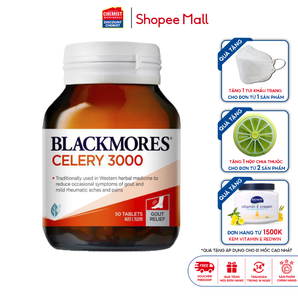 Viên uống hỗ trợ phòng ngừa Gout Celery 3000 Blackmores 50 viên giúp giảm đau khớp, viêm khớp