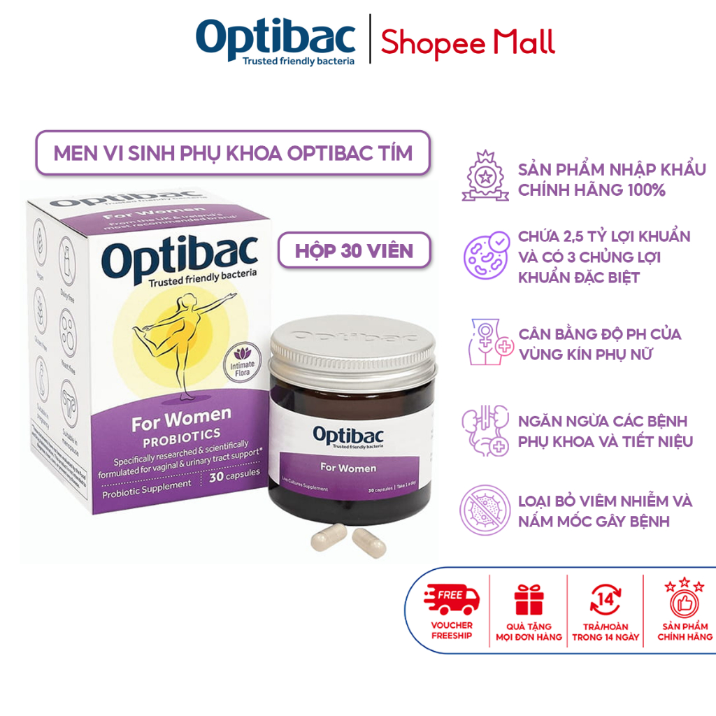 Men vi sinh Optibac tím Optibac For Women 30 viên bổ sung lợi khuẩn cô bé, tăng đề kháng, giảm viêm đường tiết niệu