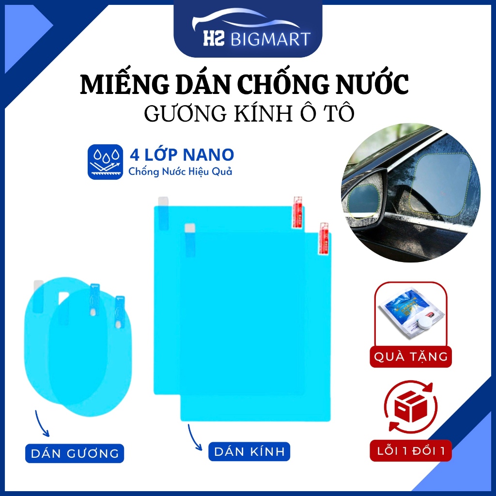 Miếng dán chống bám nước mưa gương kính chiếu hậu ô tô H2 Bigmart, bộ 4 miếng dán chống nước nano loại chuẩn BM18