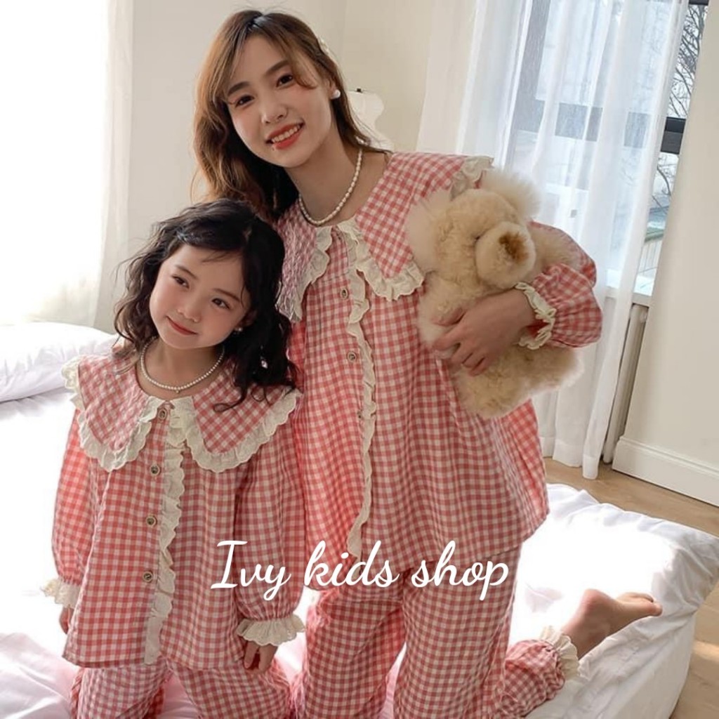 Set pijama mẹ bé viền ren dáng rộng full size 10 - 70kg