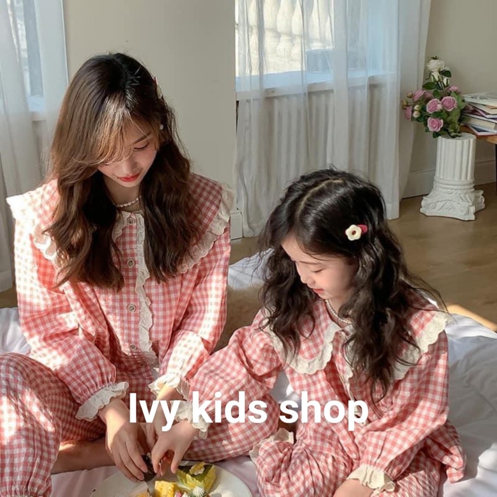 Set pijama mẹ bé viền ren dáng rộng full size 10 - 70kg