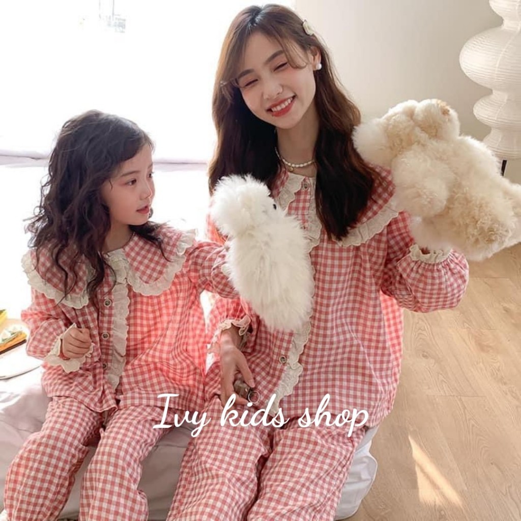 Set pijama mẹ bé viền ren dáng rộng full size 10 - 70kg