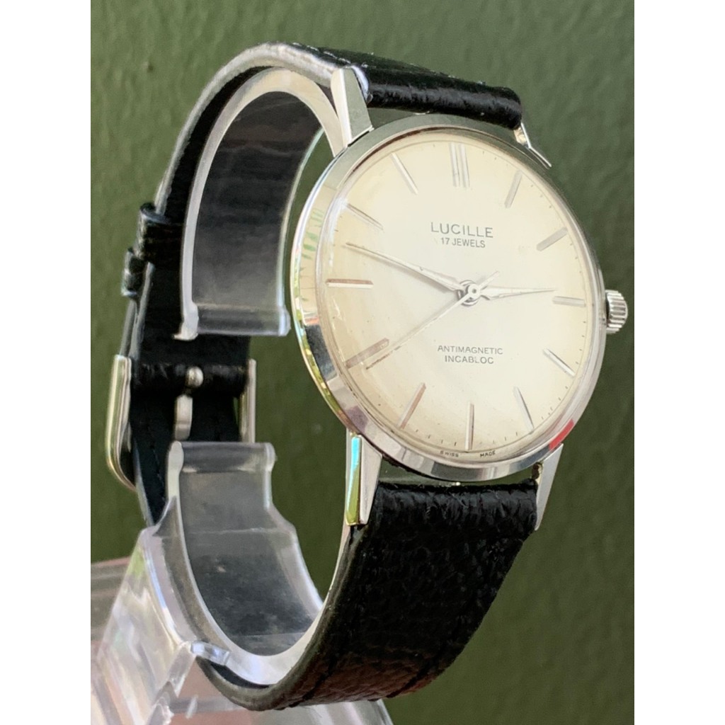 Đồng hồ nam Lucille cơ cót thiết kế thanh lịch, dây da đen của Thụy