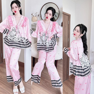 Đồ bộ mặc nhà nữ quần dài + áo tiểu thư tay phồng phối bèo lụa latin in 3d_ngân boutique đồ ngủ pijama